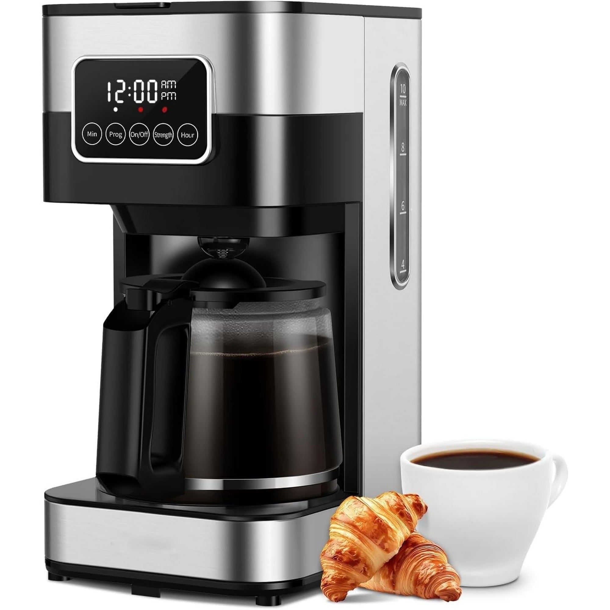 10-Cup Programmable Coffee Maker, Regular & Strong Brew Drip Coffee Machine for Home and Office, Auto Shut Off, Permanent Filter, Silver