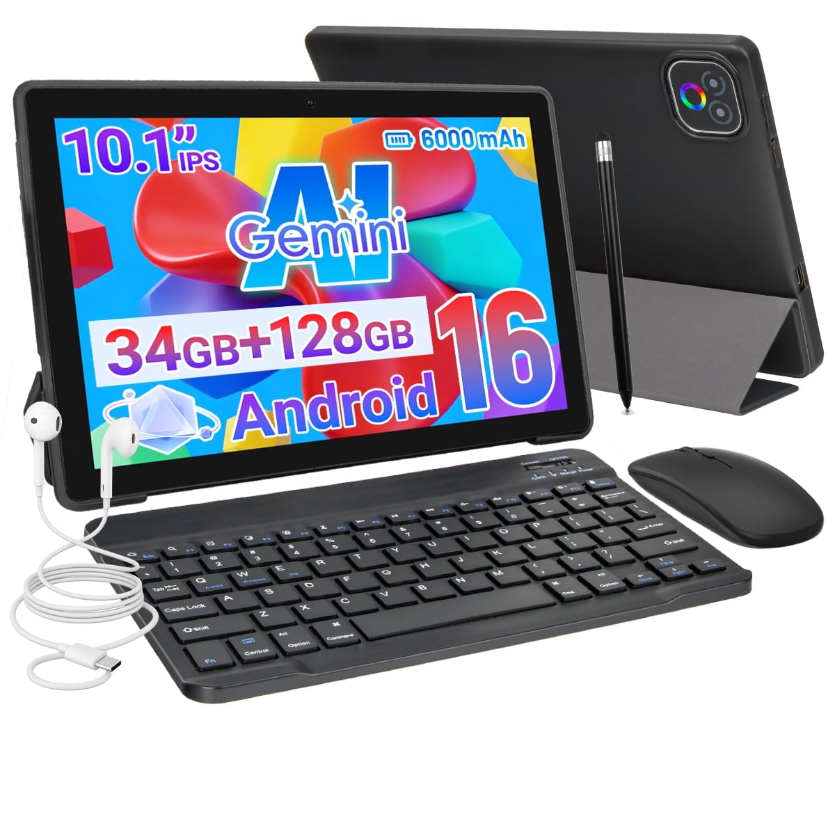 BUFO 10 Inch Tablet with Gemini AI and Keyboard set, 34GB+128GB, 6000mAh, Face Unlock, Android 16, Black