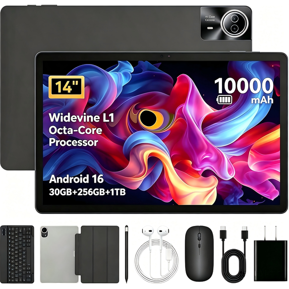 AEEZO Android 16 14 Inch Tablet, 30GB RAM 256GB ROM, 1920x1200 FHD Touchscreen, 10000mAh Battery, 5MP+8MP Camera, with Keyboard Case Mouse Stylus Pen