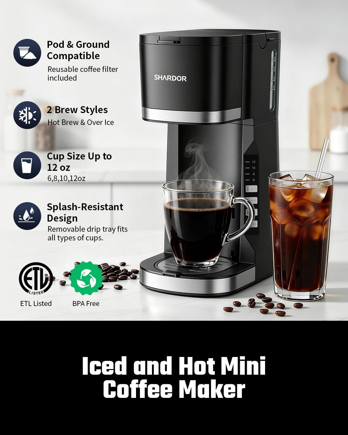 Mini Single Serve Coffee Maker for K-Cup Pods & Grounds, Hot & Iced