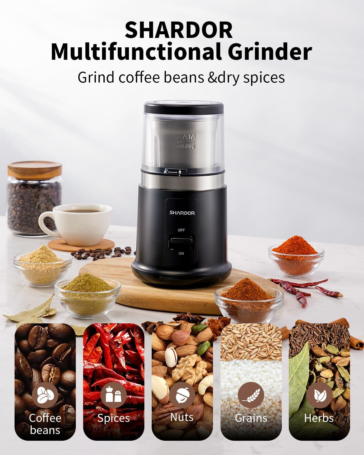 One Touch Coffee Grinder Electric, Spice, Herb, For Coffee Bean Spices and Seeds with 1 Removable Stainless Steel Bowl, Dry Grinder, Black