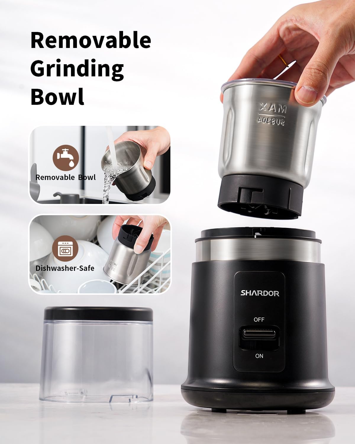 One Touch Coffee Grinder Electric, Spice, Herb, For Coffee Bean Spices and Seeds with 1 Removable Stainless Steel Bowl, Dry Grinder, Black