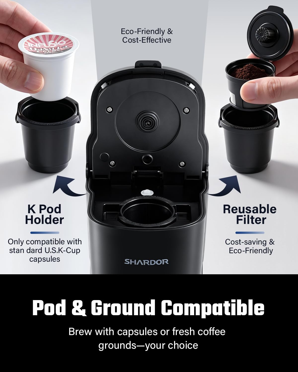 Mini Single Serve Coffee Maker for K-Cup Pods & Grounds, Hot & Iced
