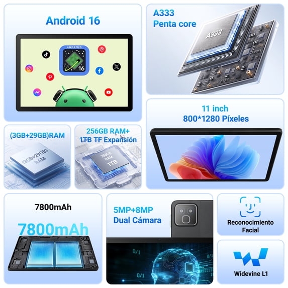 BUFO 2026 Android 16 Tablet 11inch, Face Unlock, 32GB+256GB+1TB Expand, Octa-core CPU, 7800mAh Large Battery, WiFi6, Touchscreen Display, Widevine L1,Black