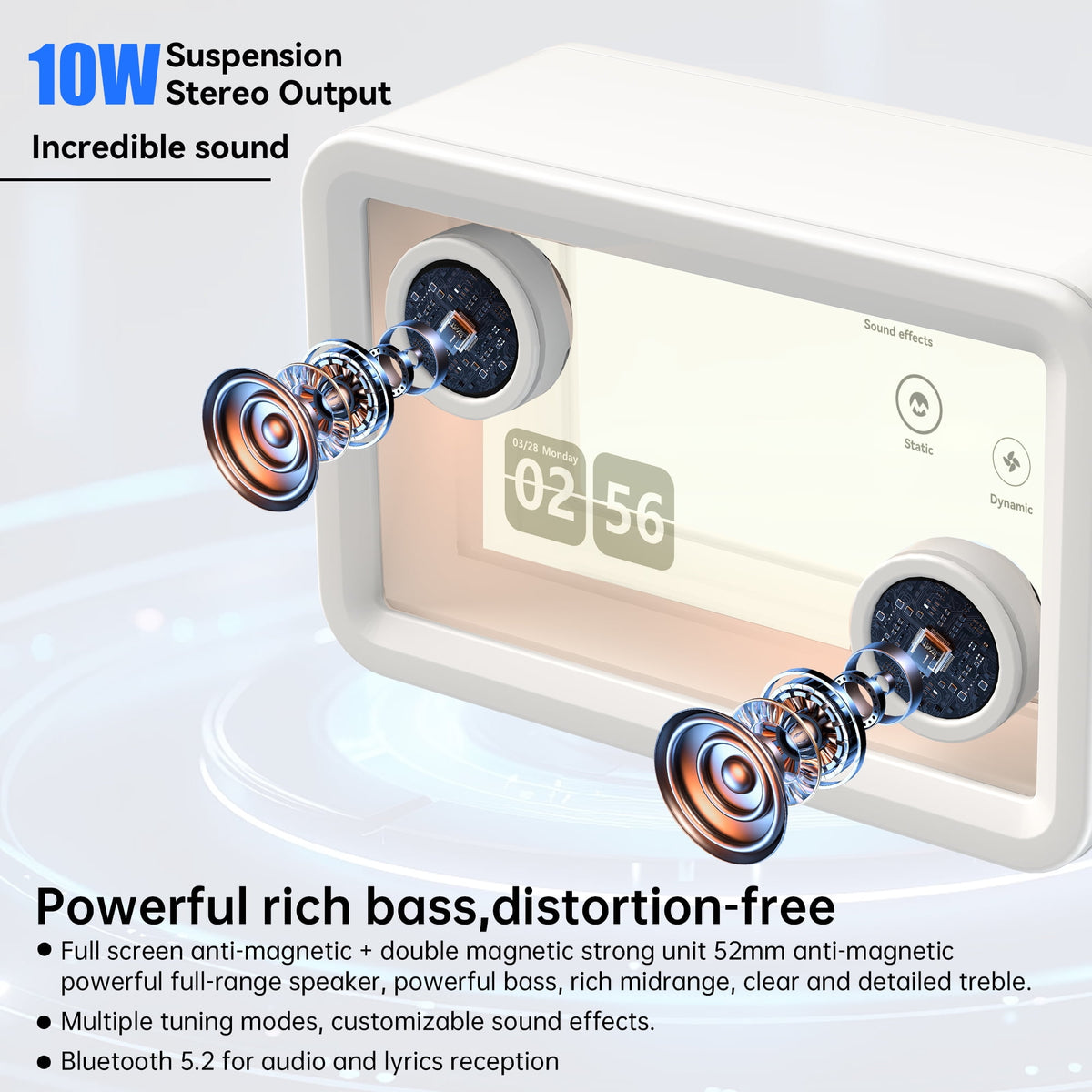 AEEZO Bluetooth Speaker,with HD sound Hi-Fi Soundbar Speaker and Transparent Glass Screen, Dynamic Floating Lyrics, Digital Frame Function, LED Light Show,2.4G Wifi - White