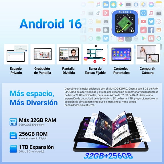 BUFO 2026 Android 16 Tablet 11inch, Face Unlock, 32GB+256GB+1TB Expand, Octa-core CPU, 7800mAh Large Battery, WiFi6, Touchscreen Display, Widevine L1,Black