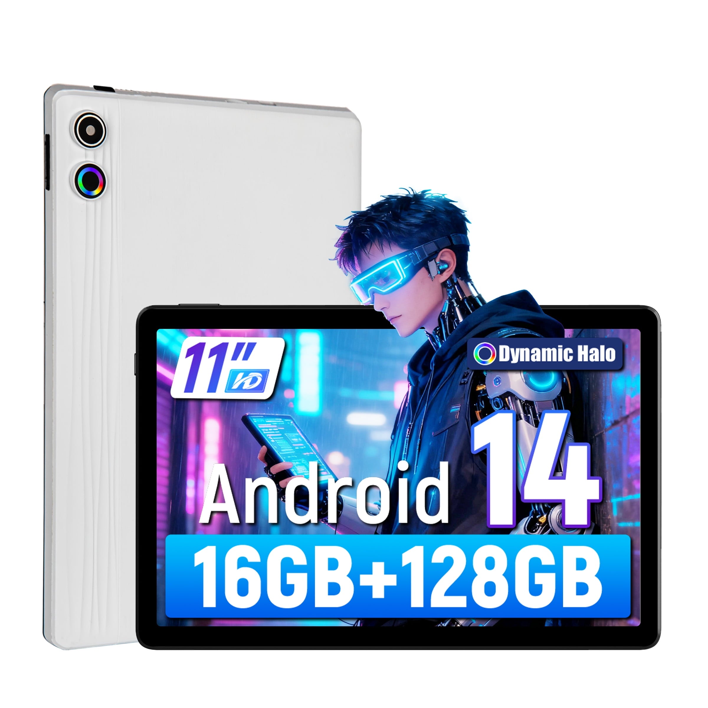AEEZO Android 14 11inch Tablet , Octa-Core Processor,16GB RAM + 128GB ROM,FHD IPS Display,Face Unlock 6800Amh,5+8 MP with Colorful Lights,White