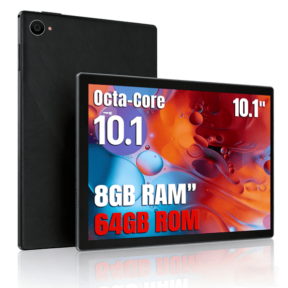 AEEZO Android 14 Tablet 10.1 inch Tablet, 8GB RAM + 64GB ROM (1TB TF), Octa-Core 2.0 GHz, WiFi 6, Bluetooth 5.0, Widevine L1, 5MP + 8MP, 5000mAh, Black