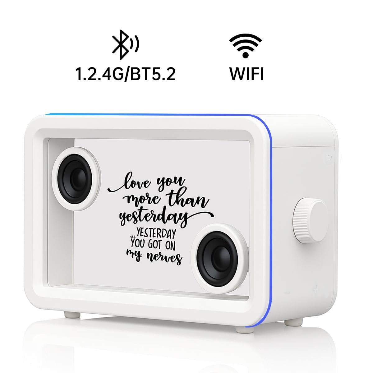 AEEZO Bluetooth Speaker,with HD sound Hi-Fi Soundbar Speaker and Transparent Glass Screen, Dynamic Floating Lyrics, Digital Frame Function, LED Light Show,2.4G Wifi - White