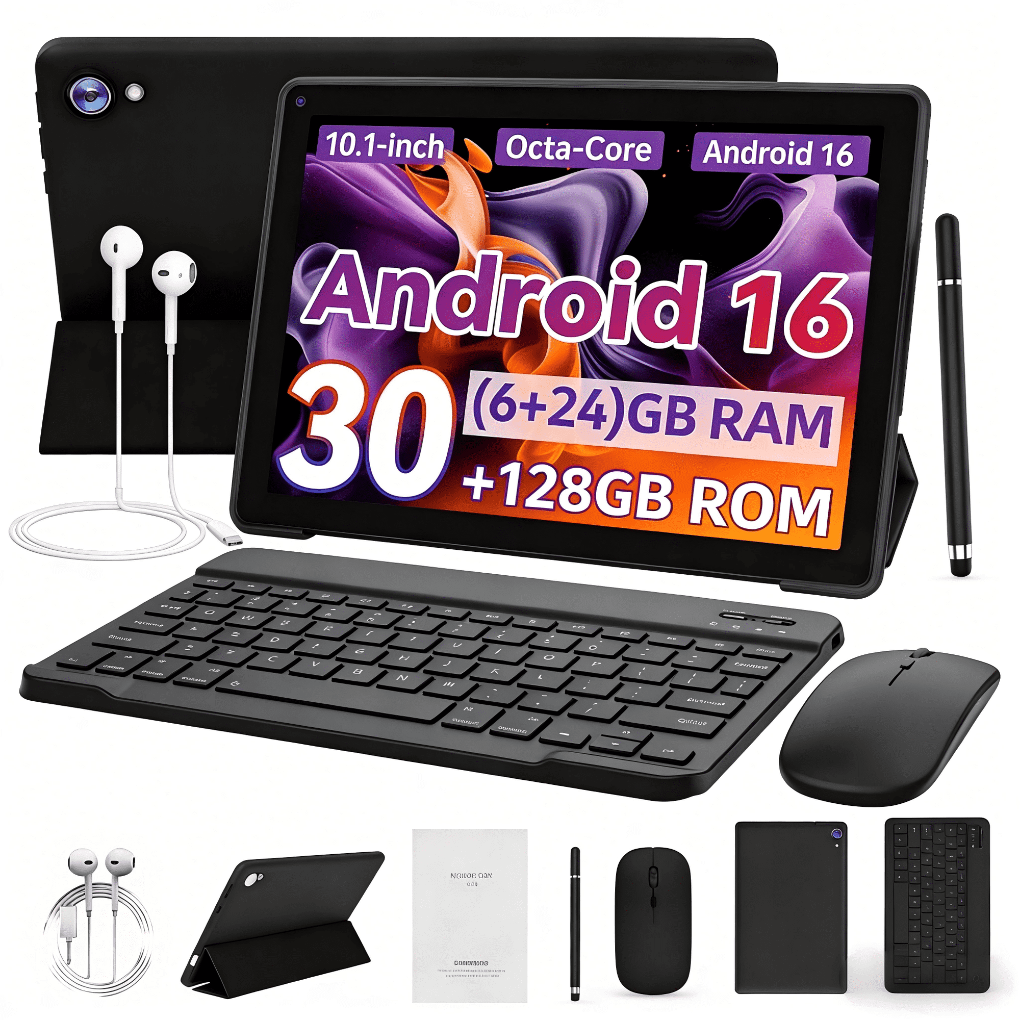 AEEZO Gemini AI 10 Inch Tablet with Keyboard set, 30GB+128GB, Android 16 Octa-Core & Split Screen, Wi-Fi 6, Dual Cameras, 5000mAh, Black