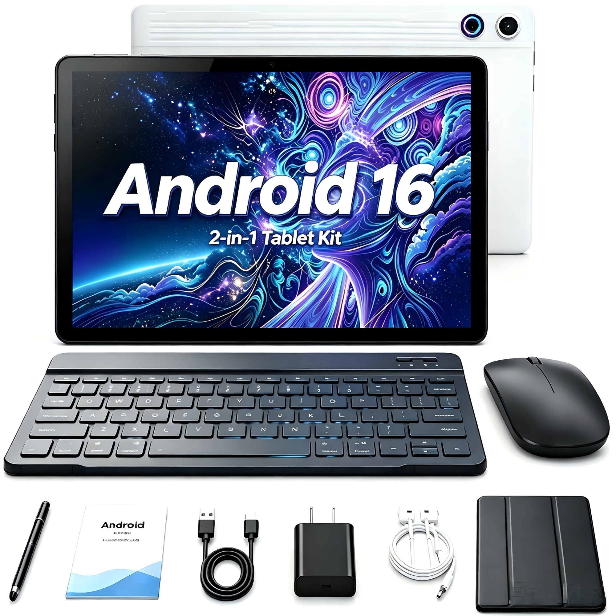 BESTSKI Android 16 10.1 Inch 2-in-1 Tablet Bundle, 20GB + 64GB (1TB Expandable) with Keyboard, Mouse, Stylus & Case, White