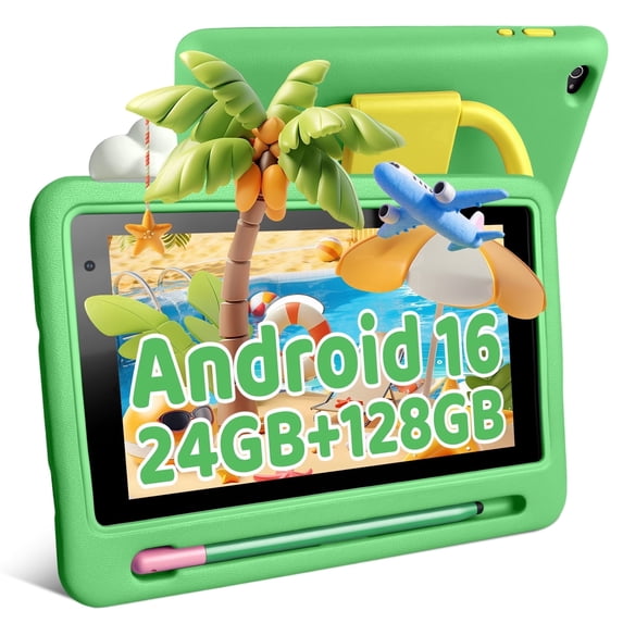 BESTSKI 7 Inch Kids Tablet with Case for Toddler, 24GB RAM+128GB ROM, IPS HD Screen, Ukidoz Pre-install, Green