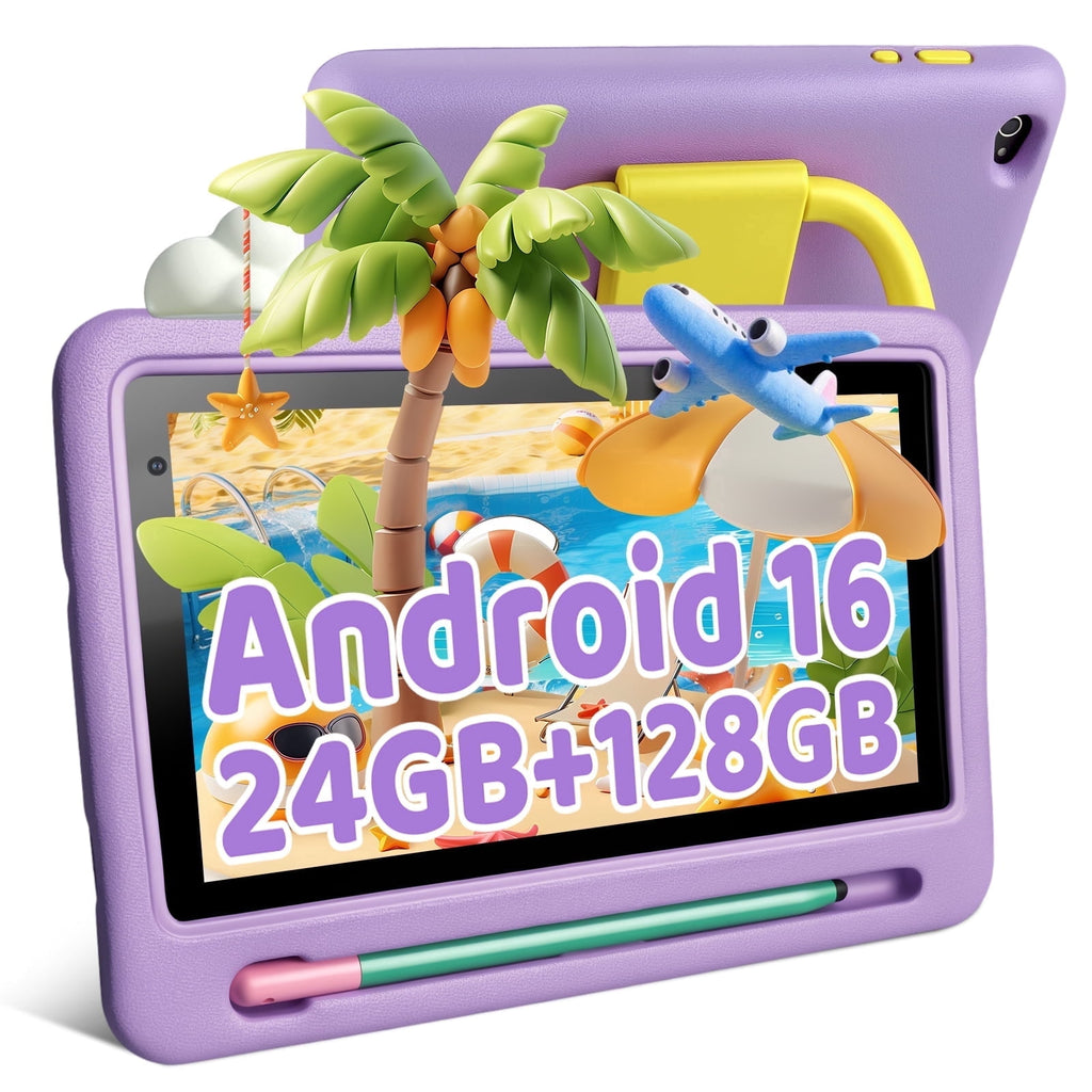 BESTSKI 7 Inch Kids Tablet with Case for Toddler, 24GB RAM+128GB ROM, IPS HD Screen, Ukidoz Pre-install, Purple