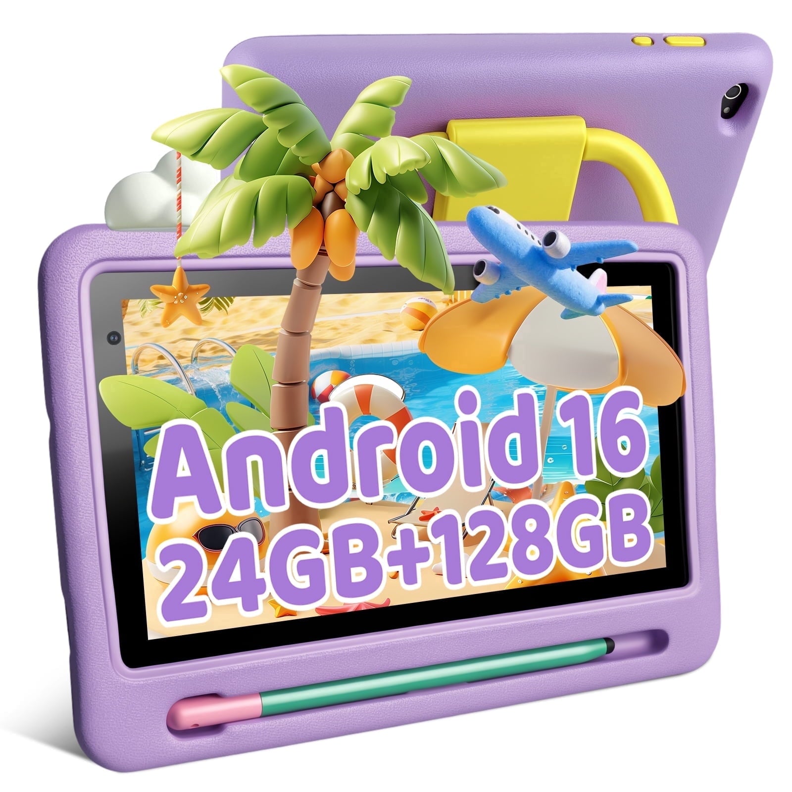 BESTSKI 7 Inch Kids Tablet with Case for Toddler, 24GB RAM+128GB ROM, IPS HD Screen, Ukidoz Pre-install, Purple