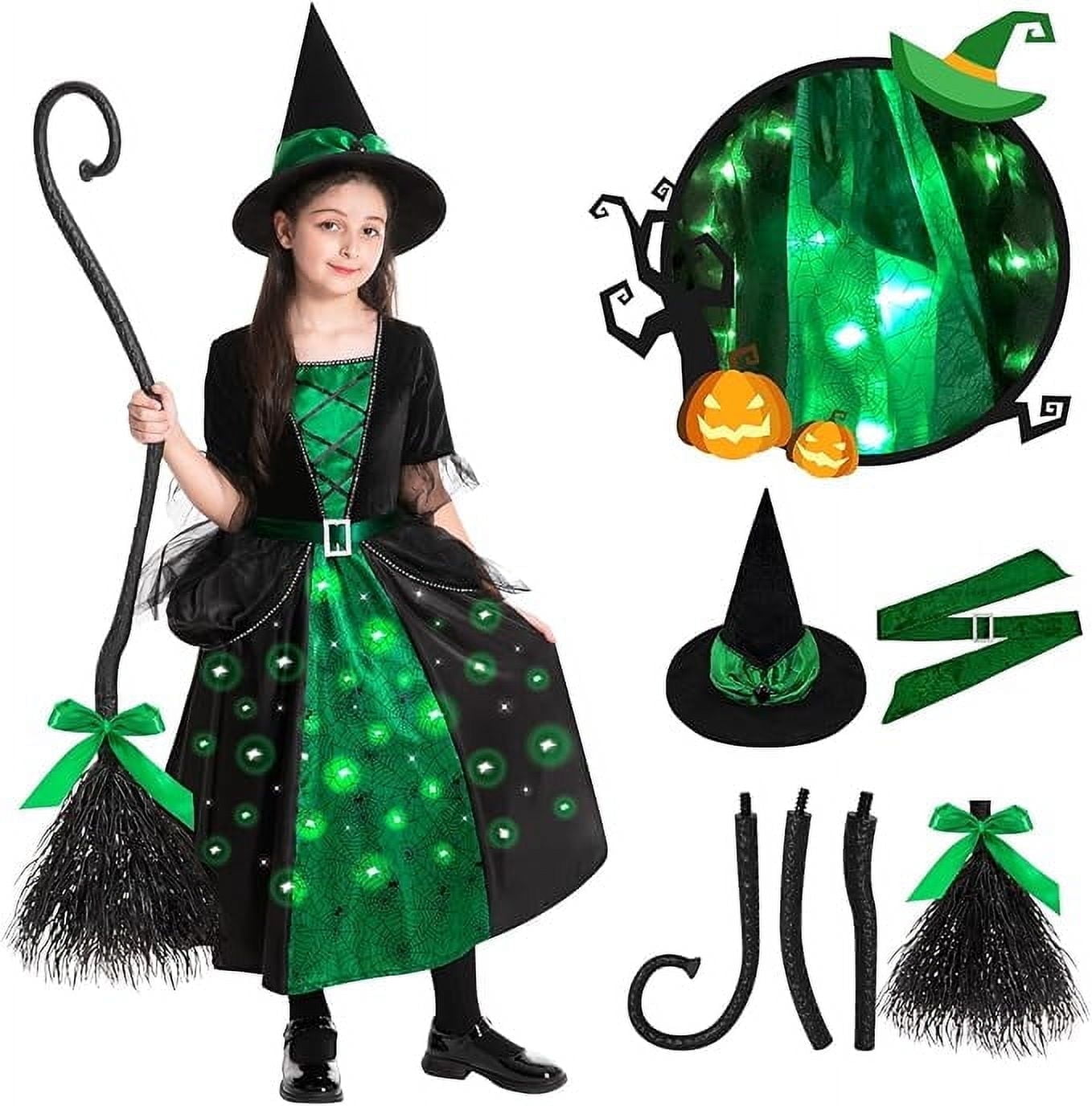 Girls Witch Halloween Costumes, Light Up Halloween Witch Dress with Broom and Hat for Kids Cosplay Party 8-10 Years