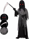 Kids Grim Reaper Costume with Glowing Red Eyes, Halloween Phantom Outfit Includes Scythe & Gloves for 12-14 Years