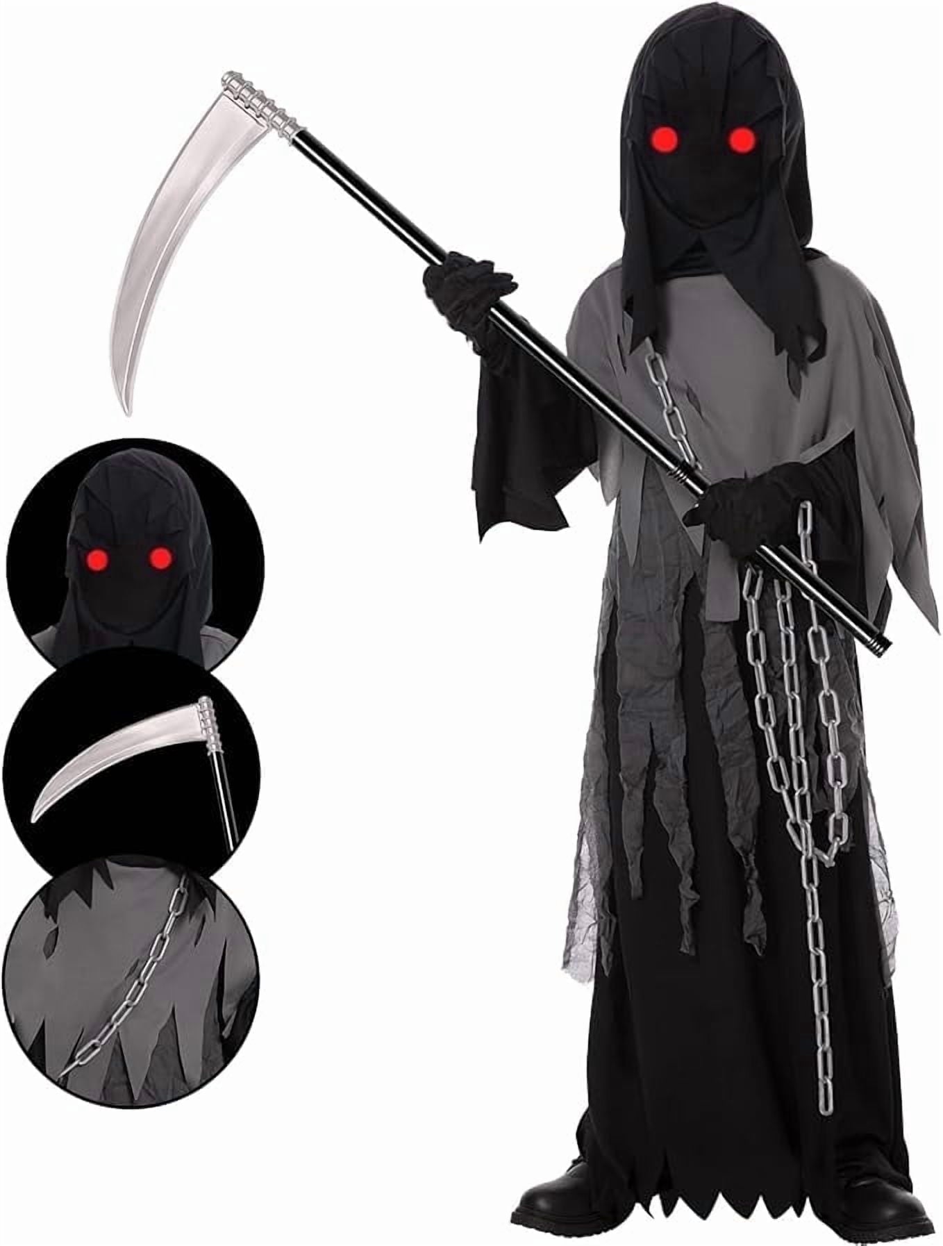 Kids Grim Reaper Costume with Glowing Red Eyes, Halloween Phantom Outfit Includes Scythe & Gloves for 5-7 Years
