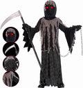 Grim Reaper Halloween Costume for Kids, Glowing Red Eye Phantom Outfit with Scythe & Gloves for 8-10 Years