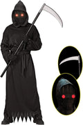 Adult Grim Reaper Costume with Glowing Red Eyes Halloween Scythe Set