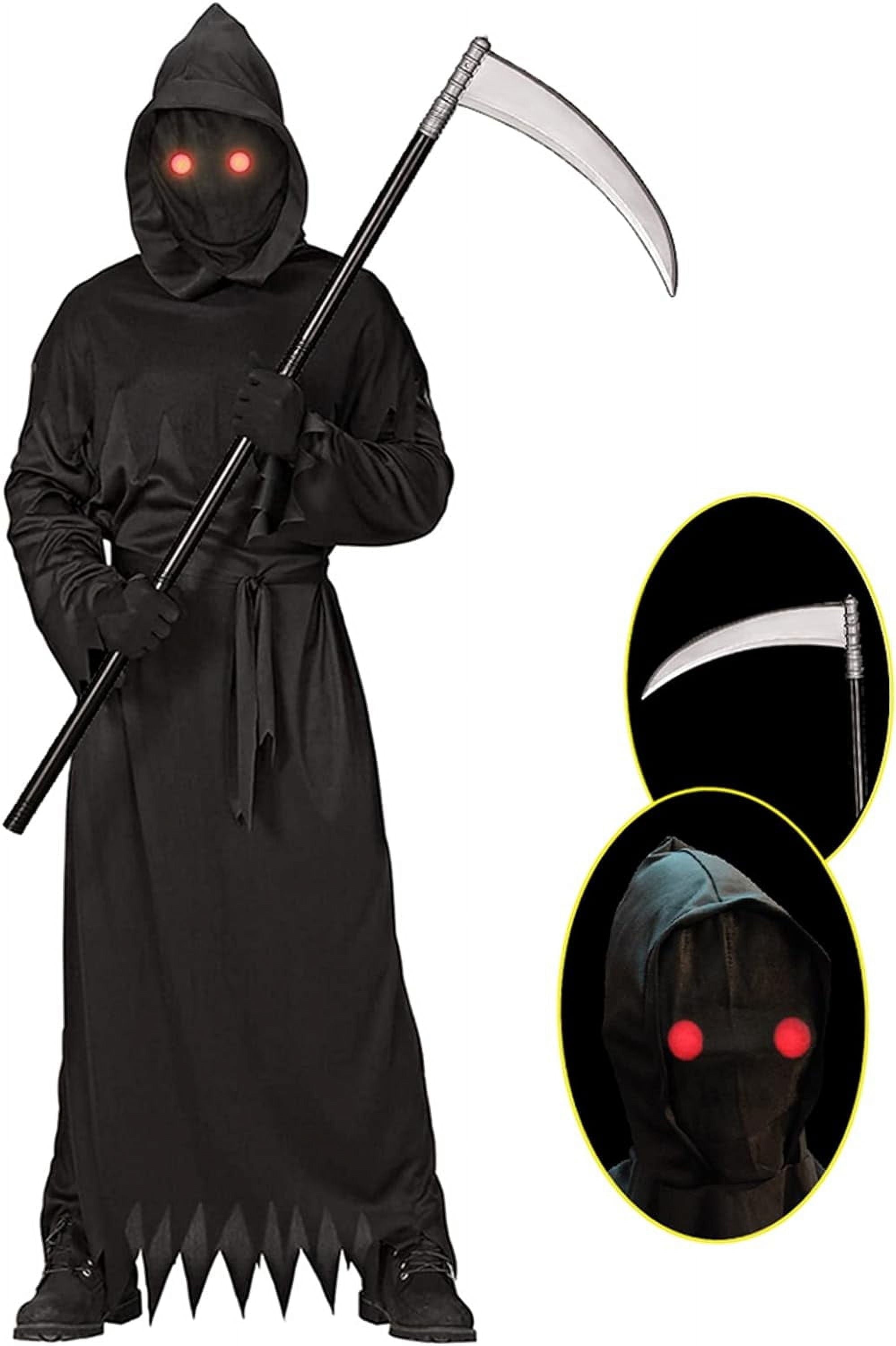Adult Grim Reaper Costume with Glowing Red Eyes Halloween Scythe Set