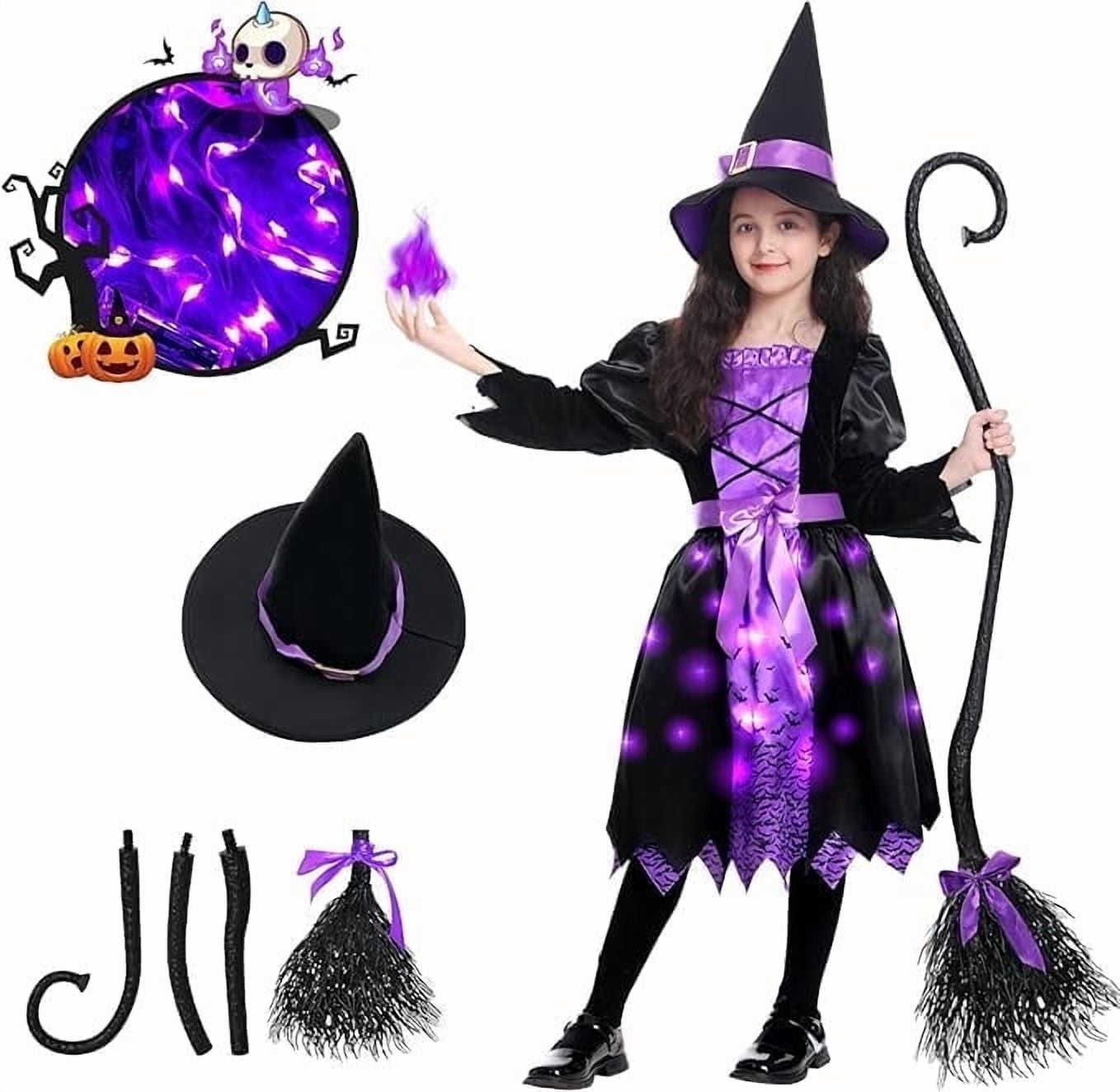 Halloween Girls Witch Costume, Toddler Witch Dress Light Up Set with Hat and Broom, Kids Costumes for Halloween Party for Ages 8-10