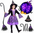 Sefiry Light-Up Witch Halloween Costume for Girls, LED Glowing Dress, Hat & Broom Set, 8-10T