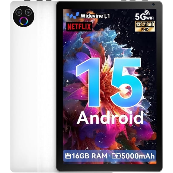 AEEZO Android 15 5-Core 10inch Tablet,16GB Ram+32GB ROM +1TB Expand,IPS Display, Widevine L1, 5G Wifi, 5MP+8MP Camera, 5000mAh, Bluetooth 2.4,White