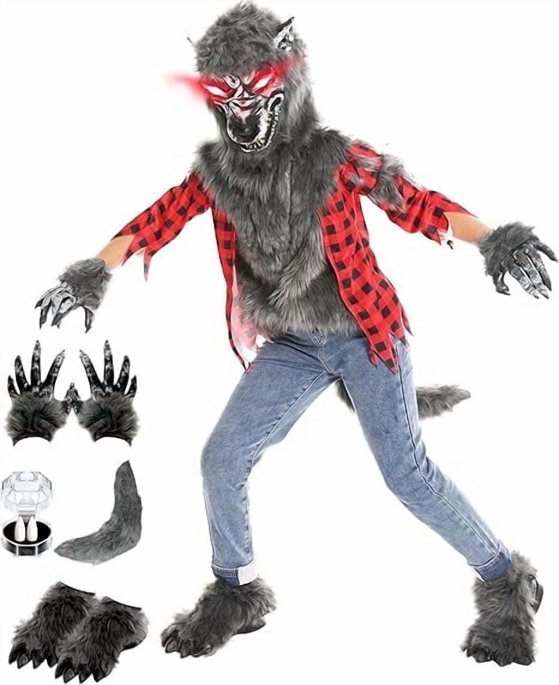 Sefiry Boys Wolf Costume Set ¨C Halloween Red Werewolf Outfit with Glowing Eyes Mask, Shoe Covers, Gloves, Tail & Vampire Fangs (10-12T)