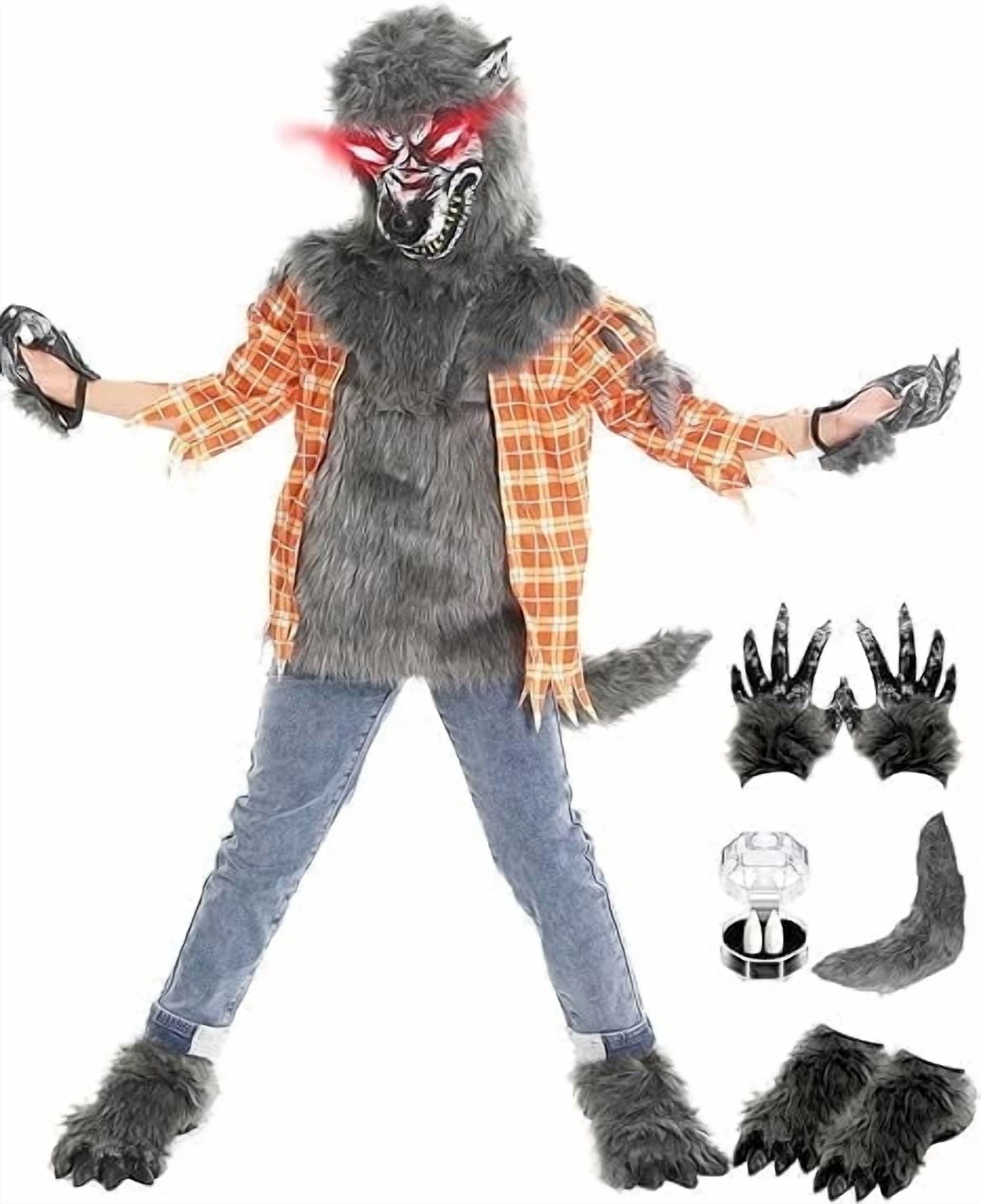 Sefiry Boys Wolf Costume Set ¨C Halloween Yellow Werewolf Outfit with Glowing Eyes Mask, Shoe Covers, Gloves, Tail & Vampire Fangs (3-4T)