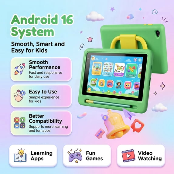 BESTSKI 7 Inch Kids Tablet with Case for Toddler, 24GB RAM+128GB ROM, IPS HD Screen, Ukidoz Pre-install, Green